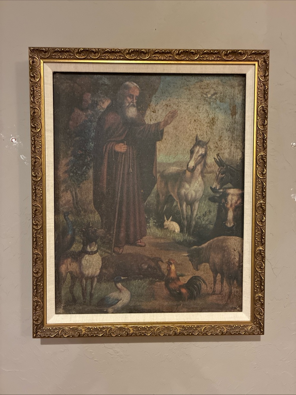 Vintage Framed Religious Giclee St. Anthony of Egypt animal in gold ornate frame